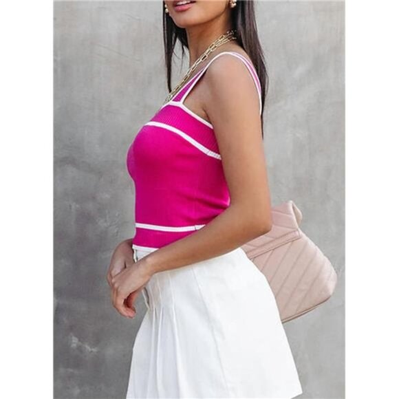 Pink Colorblock Knit Y2K Crop Top Square Neck Tank‎ Top Sleeveless Cami Shirt - Picture 2 of 5